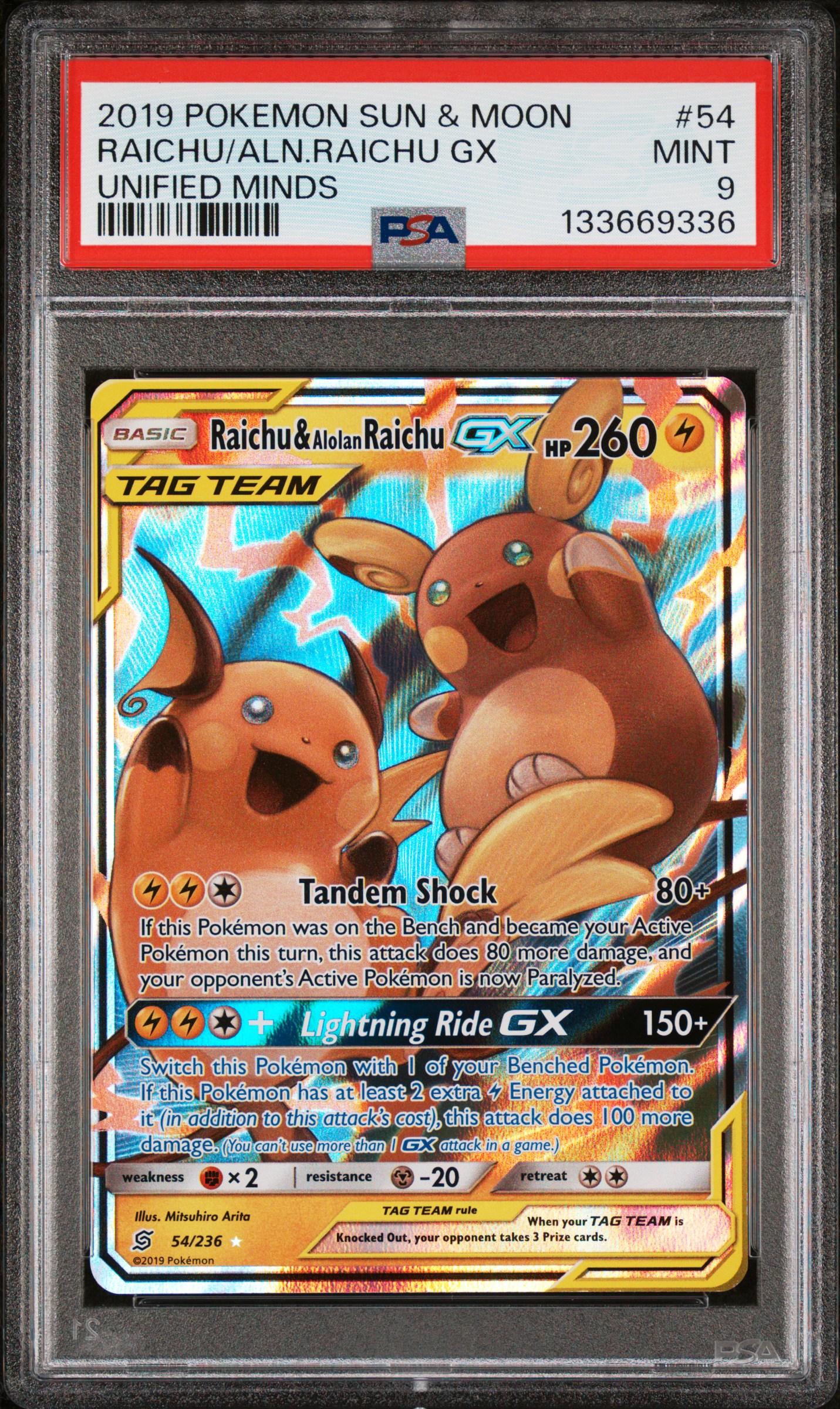 2019 #54 Raichu & Alolan Raichu Gx PSA 9 Sun & Moon Unified Minds