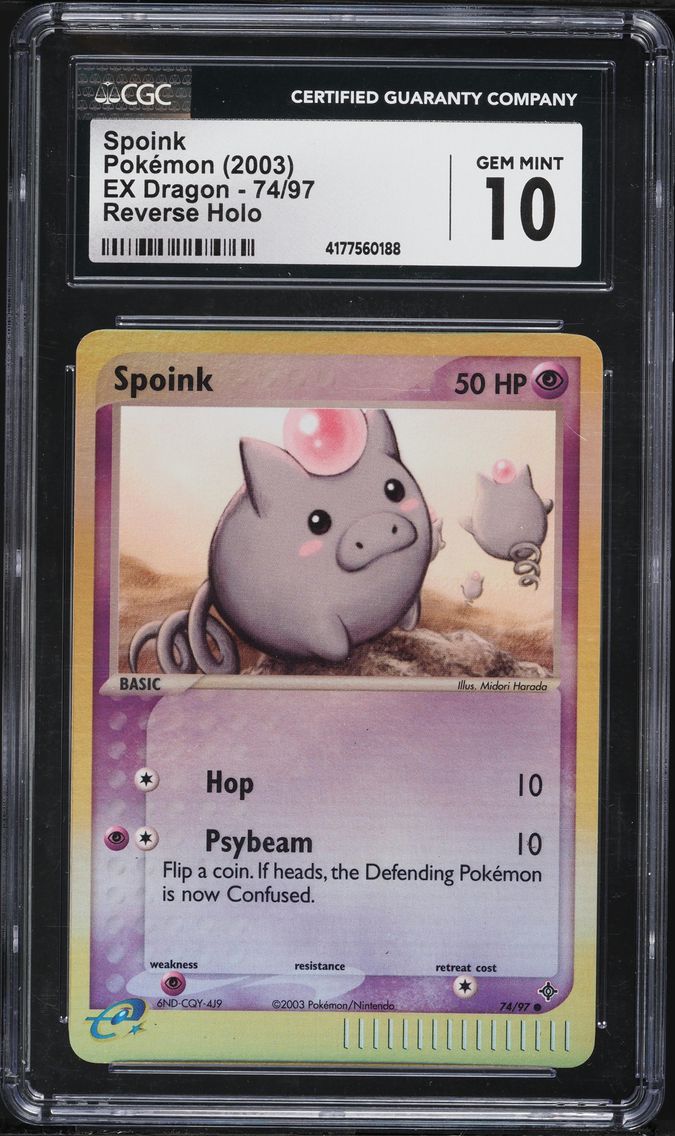 2003 #74 Spoink Reverse Holo CGC 10 EX Dragon (2003 Copyright, w/ "e" Symbol) - English Pokemon