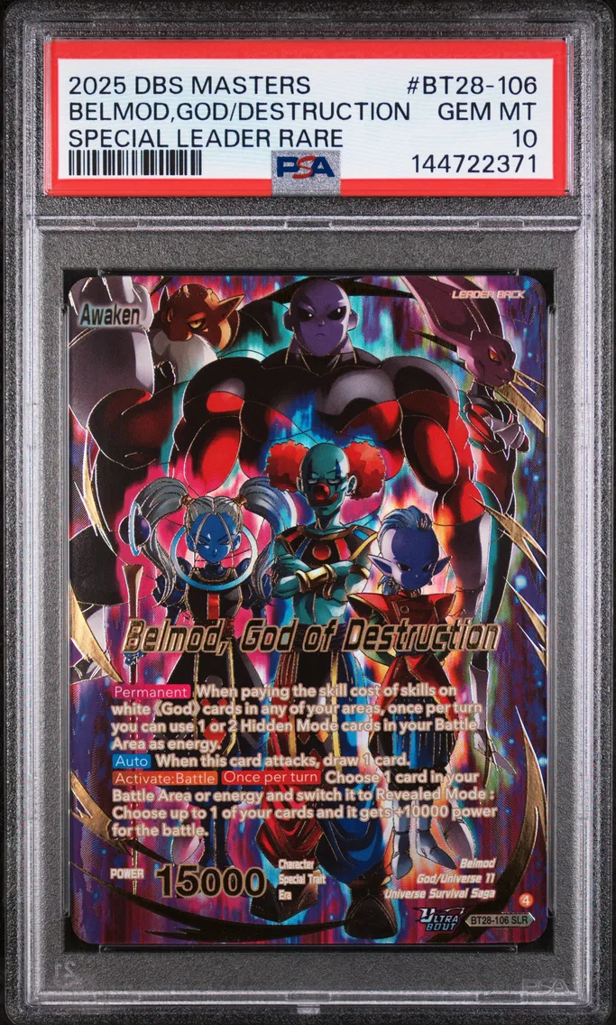 2025 #BT28-106 Belmod/Belmod, God of Destruction PSA 10 Dragon Ball Super Card Game Masters Series 28 Prismatic Clash