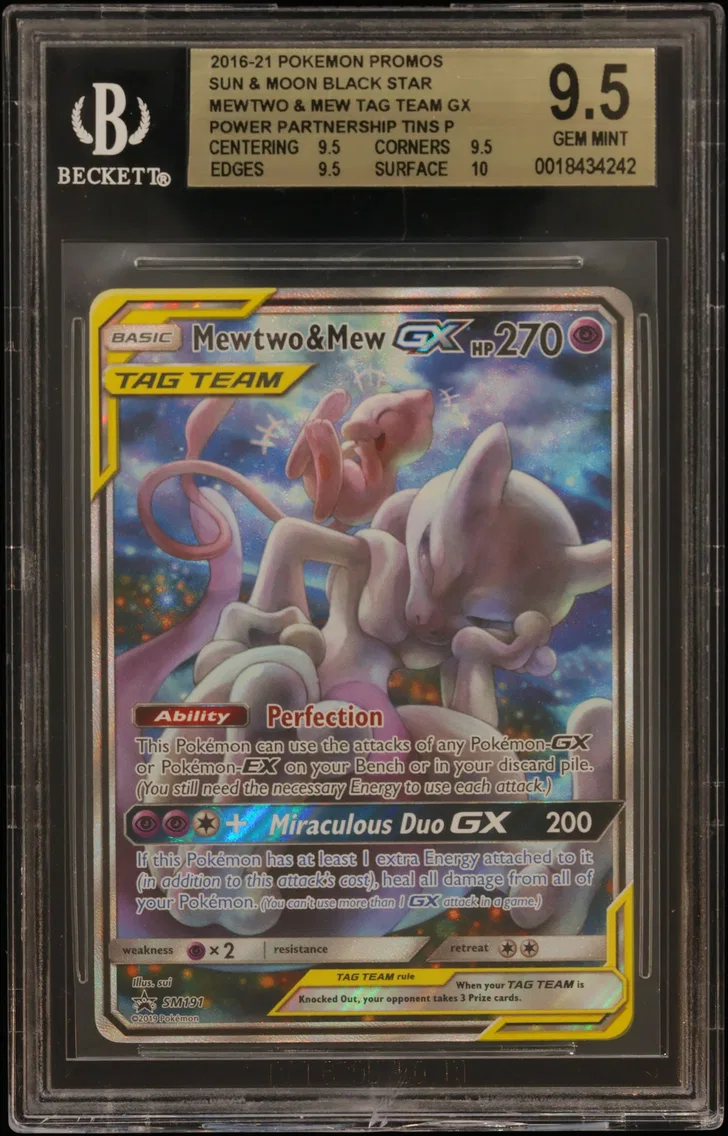 2016 #SM191 Mewtwo & Mew Tag Team GX P/(Power Partnership Tins) BGS 9.5 Sun and Moon Black Star Promos