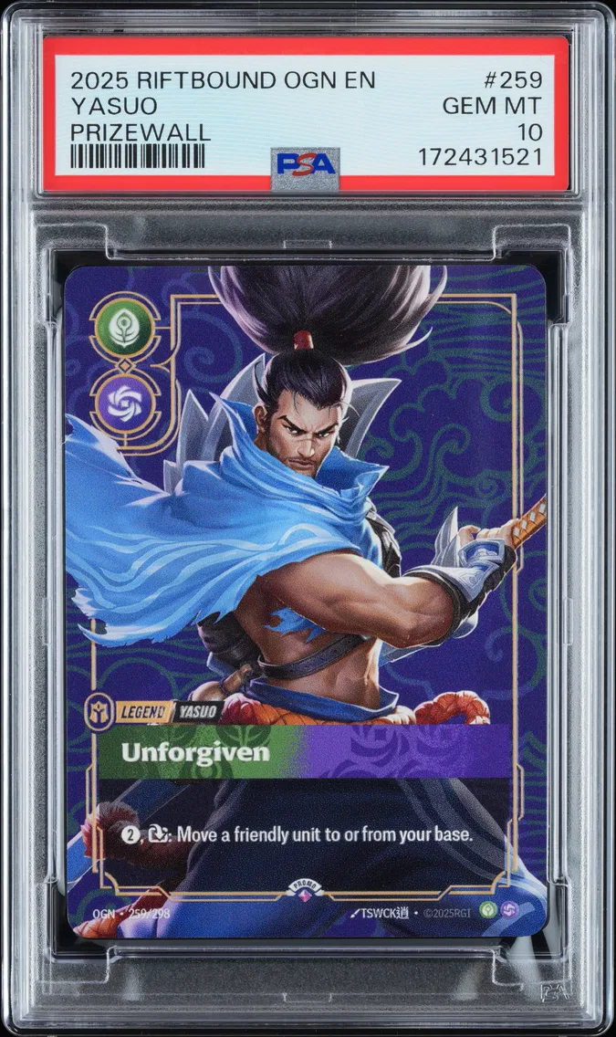 2025 #259 Yasuo - Unforgiven PSA 10 Riftbound: League of Legends Ogn-Origins Plated Legends