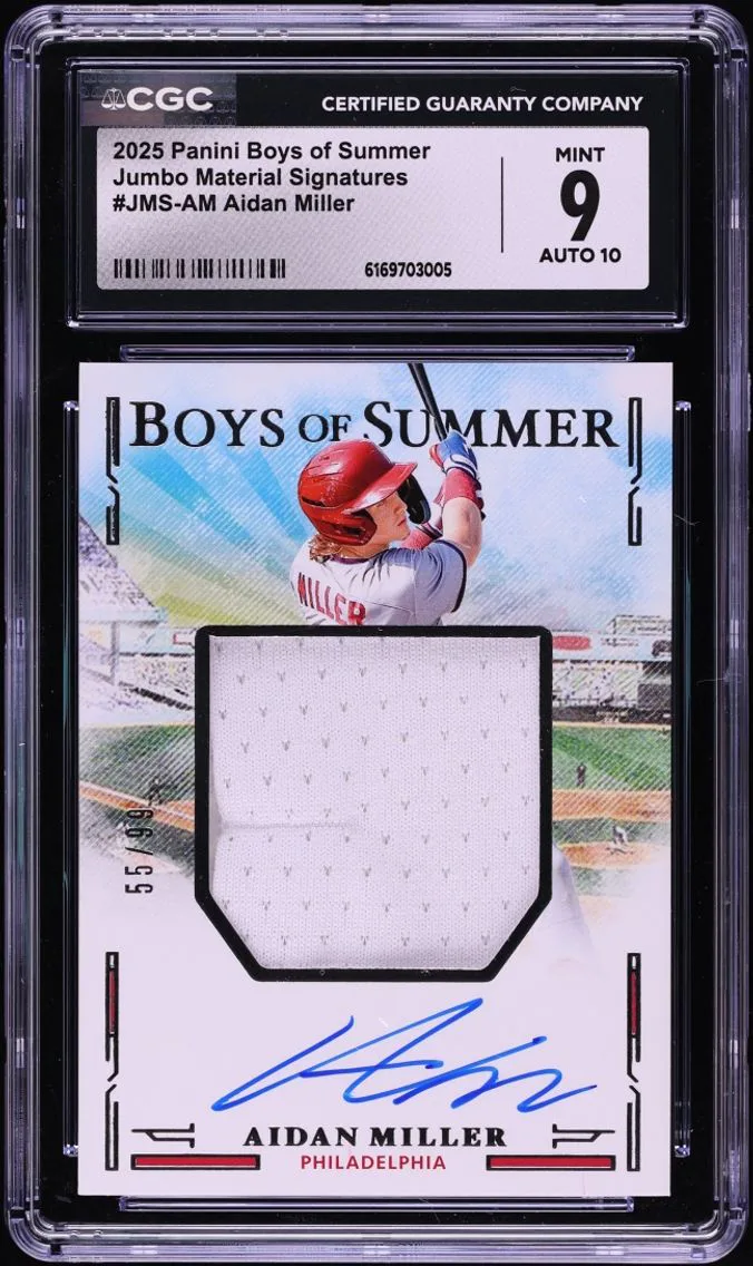 2025 Panini Boys Of Summer Jumbo Signatures Aidan Miller ROOKIE PATCH AUTO /99 #JMS-AM CGC 9