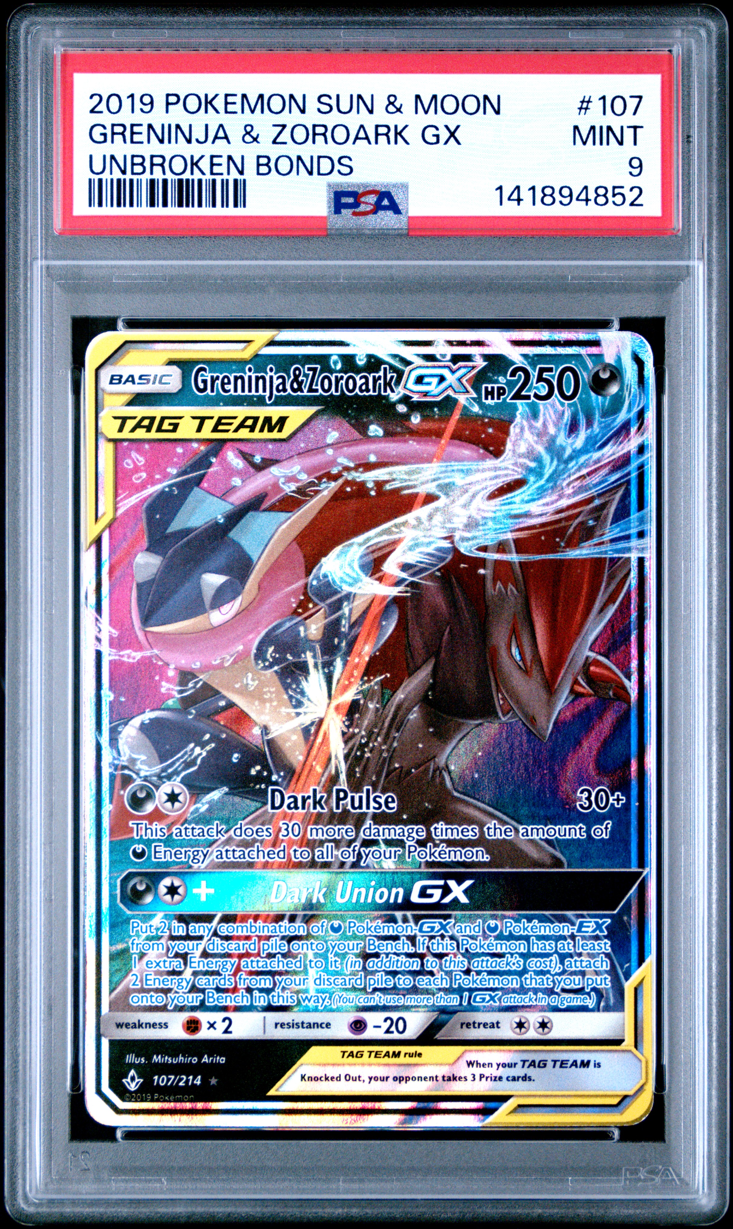2019 #107 Greninja & Zoroark Gx PSA 9 Sun & Moon Unbroken Bonds