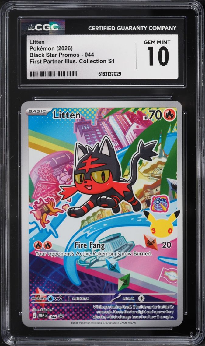 2026 Pokemon Mega Evolution Promo First Partner Illustration S1 Full Art Litten #44 CGC 10 GEM