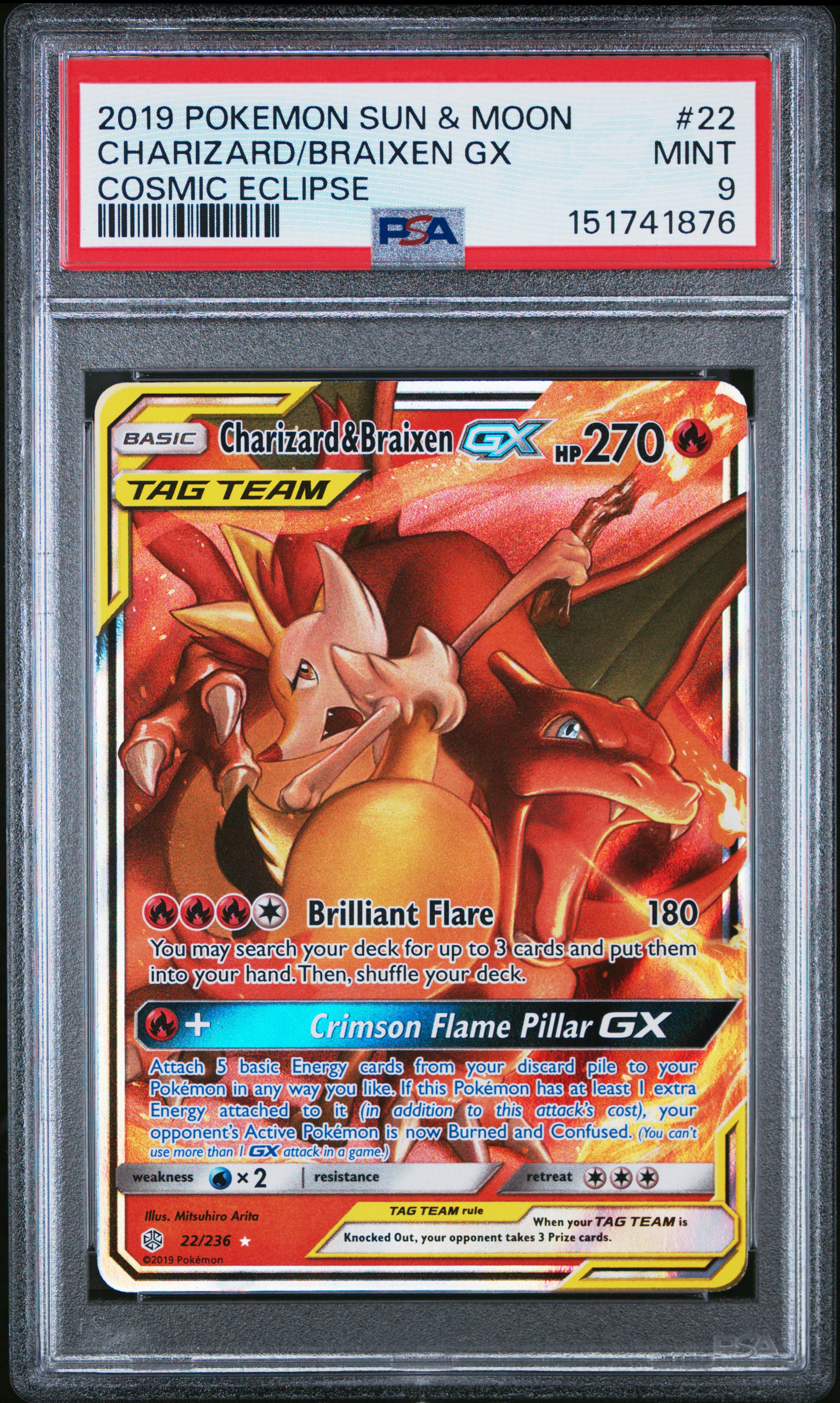 2019 #22 Charizard & Braixen Gx PSA 9 Sun & Moon Cosmic Eclipse