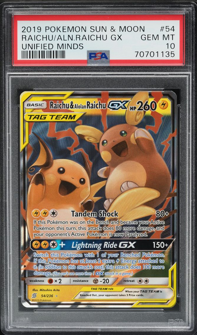 2019 #54 SUN & MOON UNIFIED MINDS RAICHU & ALOLAN RAICHU GX PSA 10 POKEMON