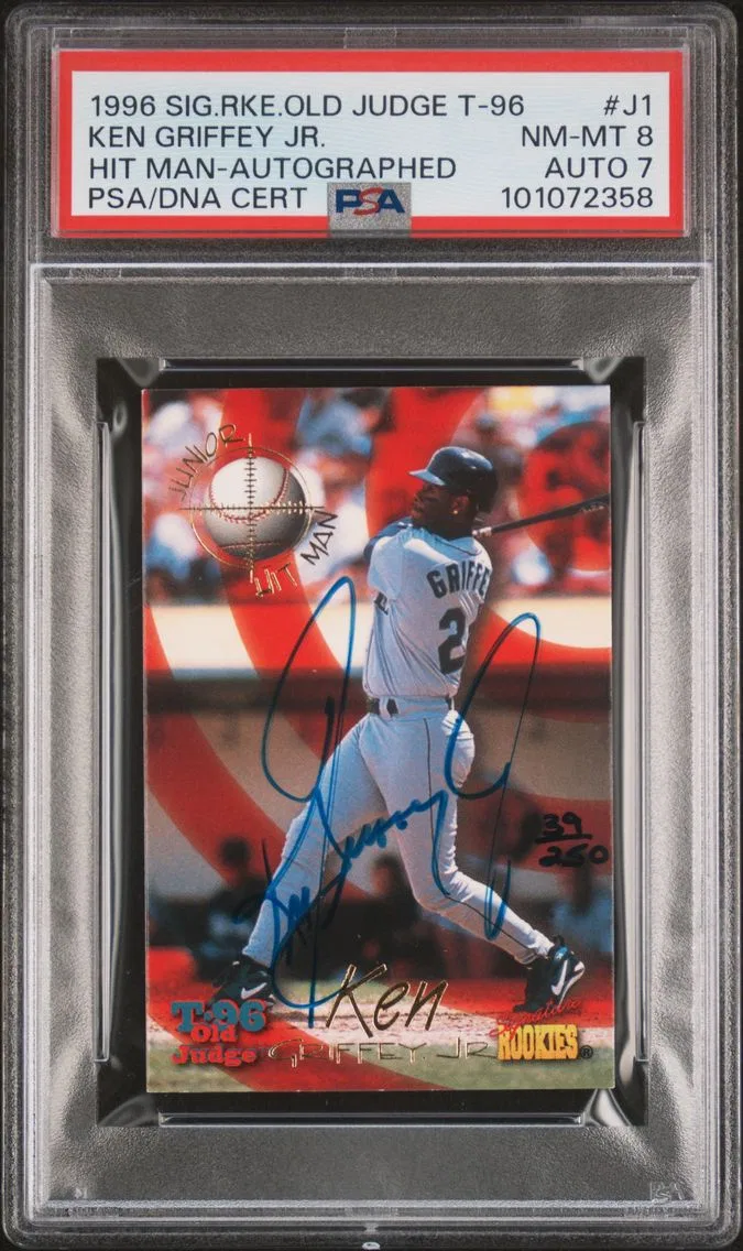 1996 #J1 Ken Griffey Jr PSA 8 Signature Rookies Old Judge T-96 Hit Man