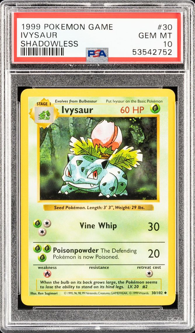 1999 #30 SHADOWLESS IVYSAUR PSA 10 POKEMON GAME