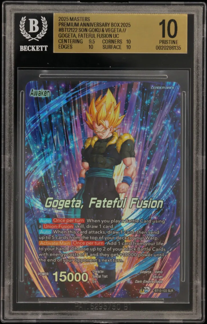 2025 #BT12122 Son Goku & Vegeta // Gogeta, Fateful Fusion SLR BGS 10 Dragon Ball Super Card Game Masters Premium Anniversary Box 2025