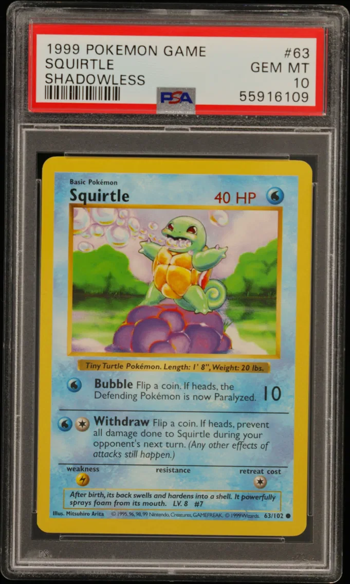 1999 #63 Squirtle Shadowless PSA 10 Game