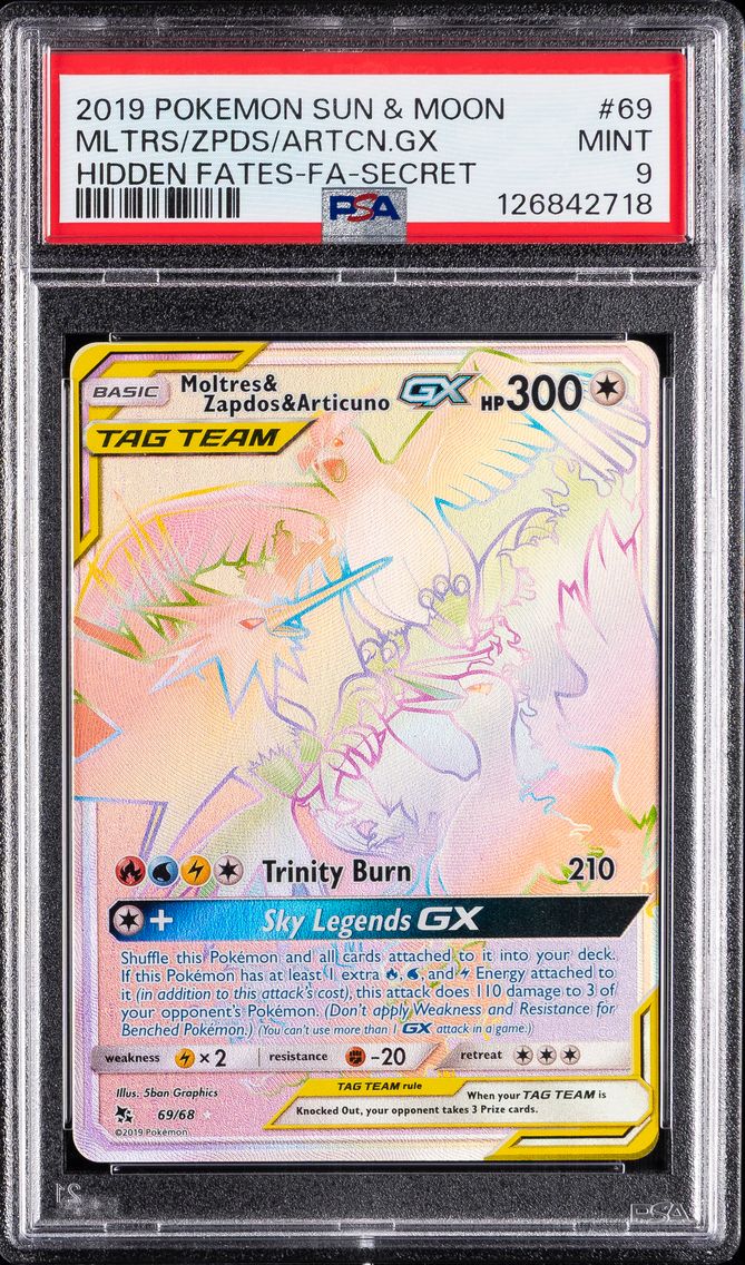 2019 #69 Full Art/Moltres & Zapdos & Articuno GX PSA 9 Sun & Moon Hidden Fates Pokemon