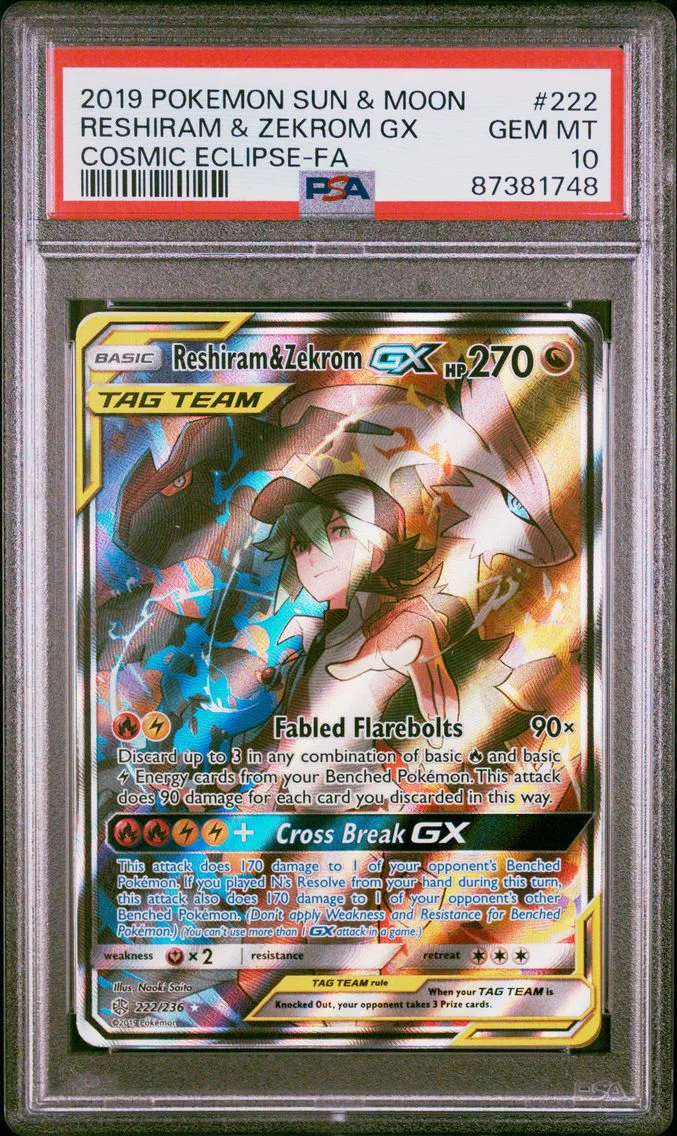 2019 #222 Full Art/Reshiram & Zekrom GX PSA 10 Sun & Moon Cosmic Eclipse Pokemon