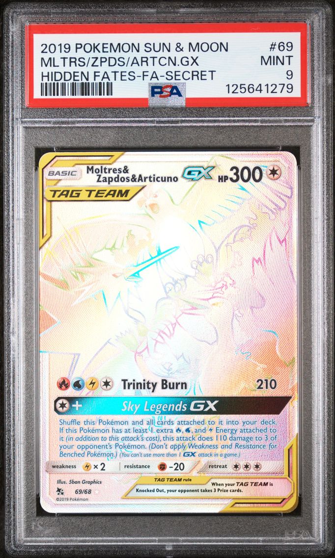 2019 #69 Full Art/Moltres & Zapdos & Articuno GX PSA 9 Sun & Moon Hidden Fates Pokemon