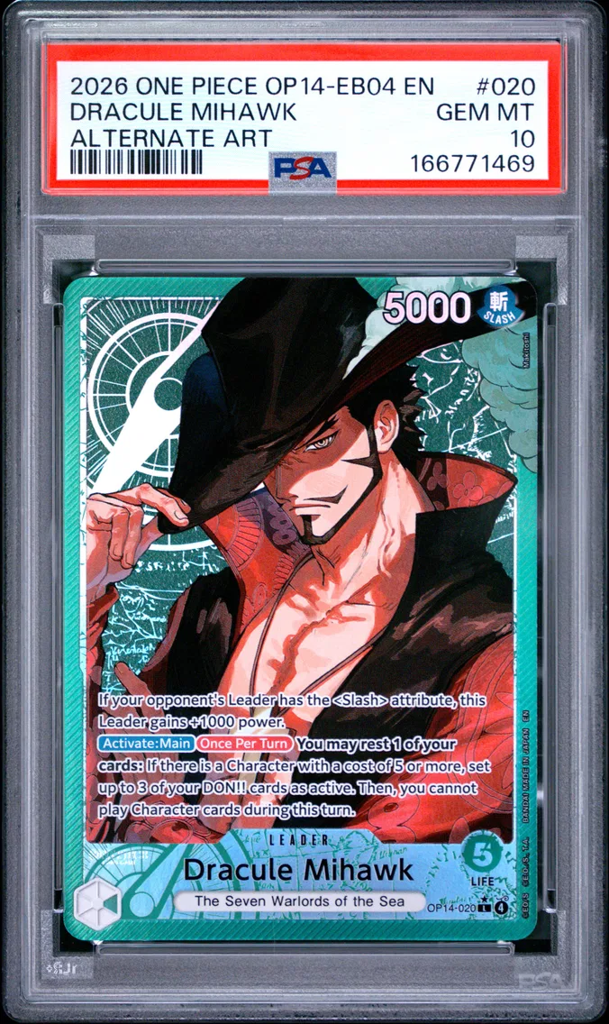 2026 #020 Dracule Mihawk PSA 10 One Piece OP14-EB04-the Azure Sea's Seven