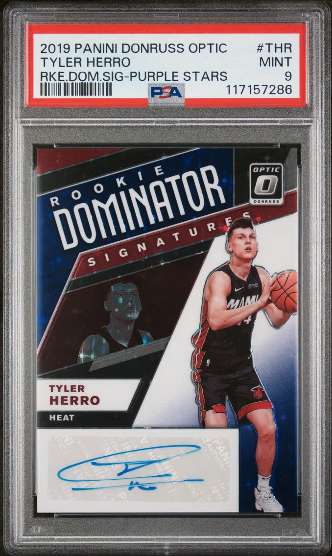 2019 #THR Tyler Herro PSA 9 Panini Donruss Optic Rookie Dominator Signatures