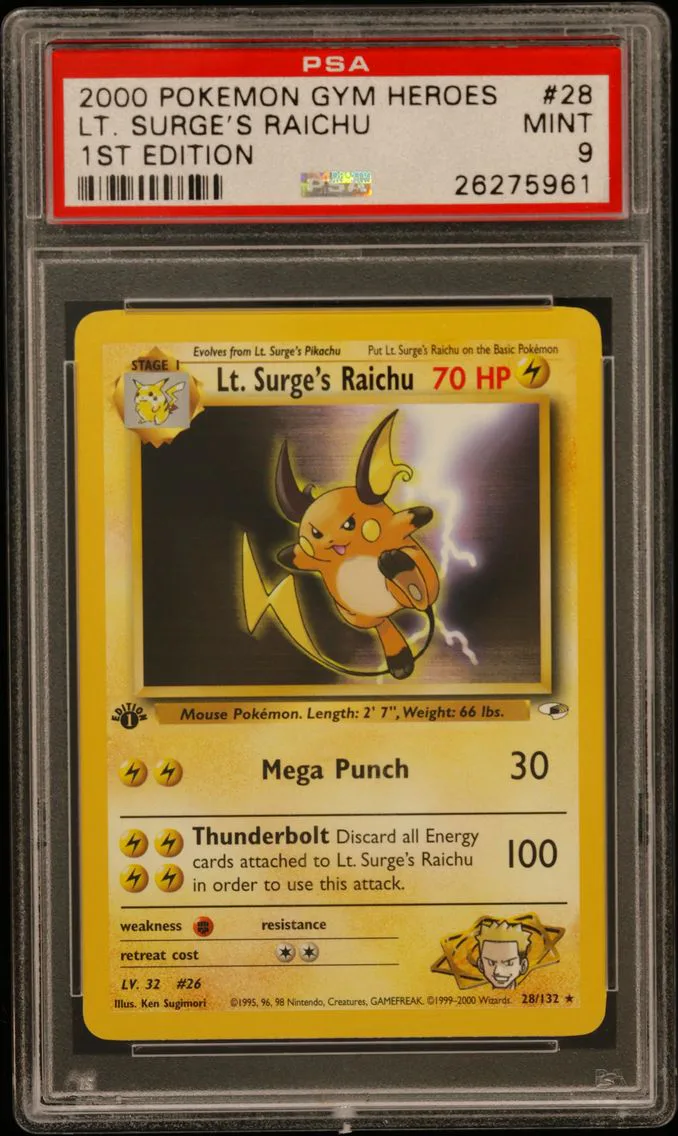 2000 #28 LT. Surge's Raichu 1st Edition PSA 9 Gym Heroes