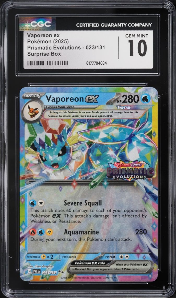 2025 Pokemon Scarlet & Violet Prismatic Evolutions Surprise Box Holo Vaporeon EX #23 CGC 10 GEM