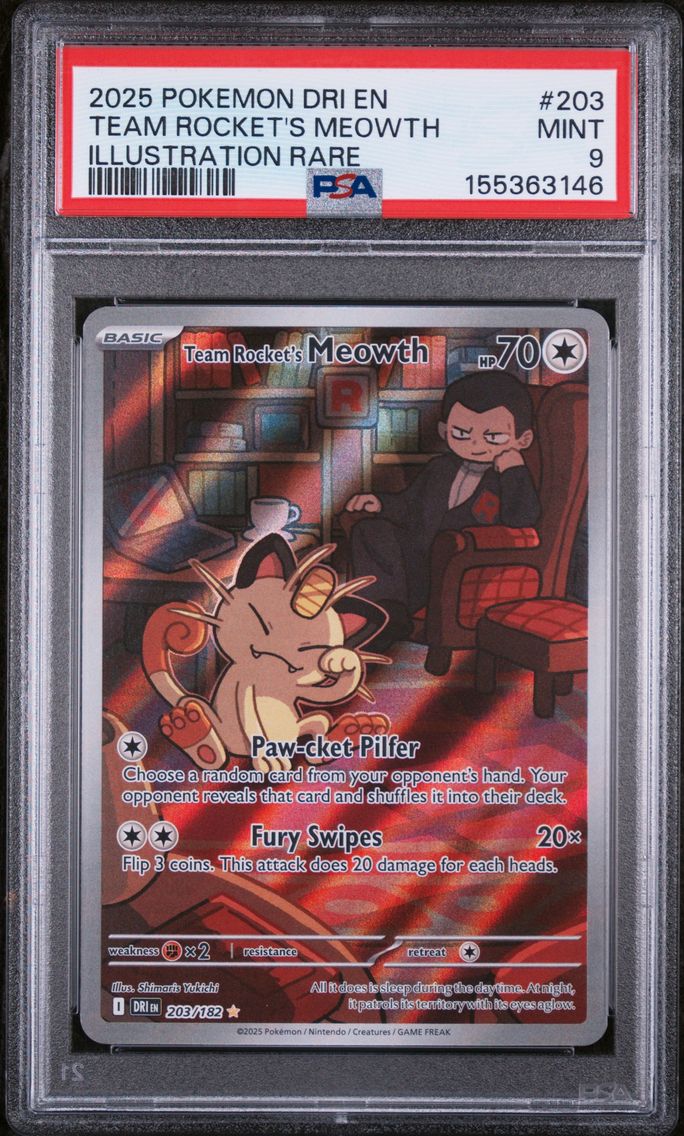 2025 #203 Team Rocket's Meowth PSA 9 Dri EN-Destined Rivals