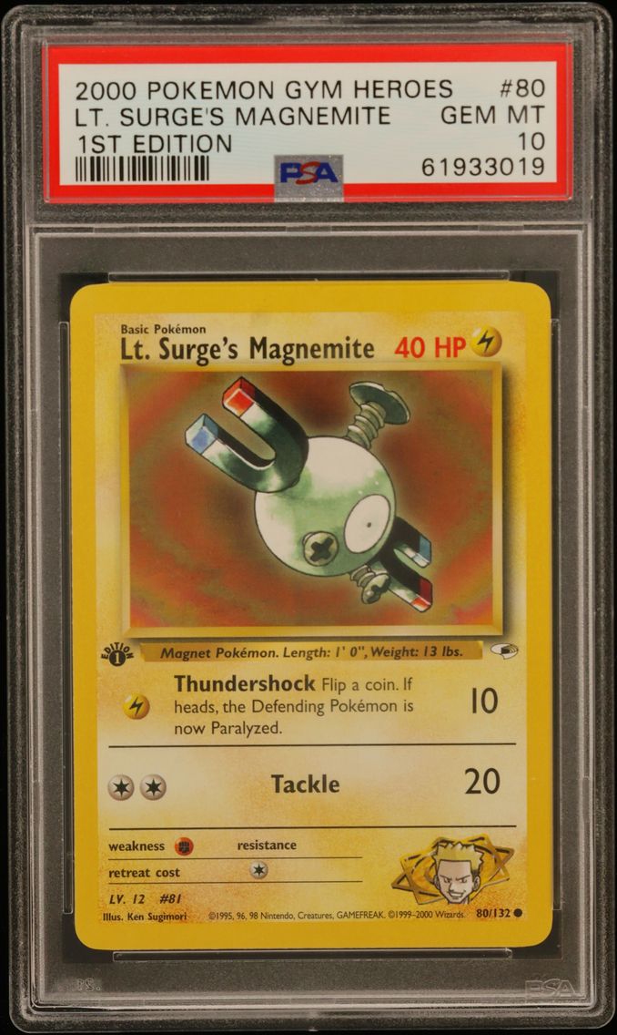 2000 #80 LT. Surge's Magnemite 1st Edition PSA 10 Gym Heroes