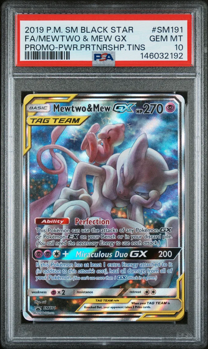 2019 #SM191 Full Art/Mewtwo & Mew GX PSA 10 SM Black Star Promo
