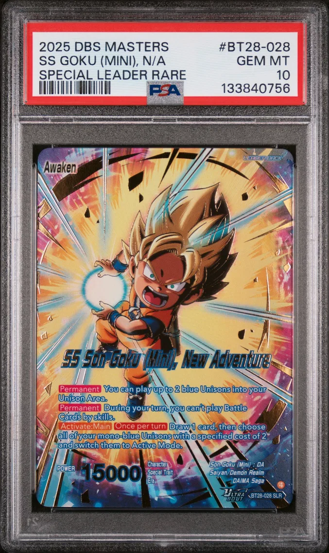 2025 #BT28-028 Son Goku (Mini)/SS Son Goku (Mini), New Adventure PSA 10 Dragon Ball Super Card Game Masters Series 28 Prismatic Clash