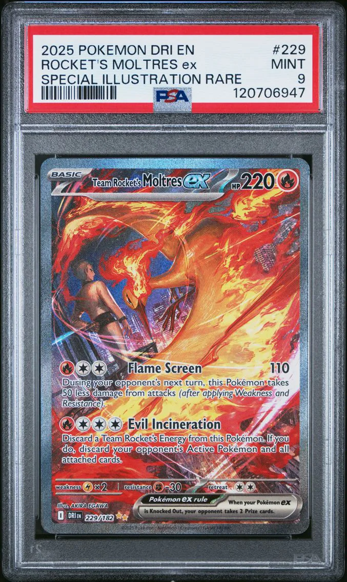 2025 #229 Team Rocket's Moltres EX PSA 9 Dri EN-Destined Rivals Pokemon