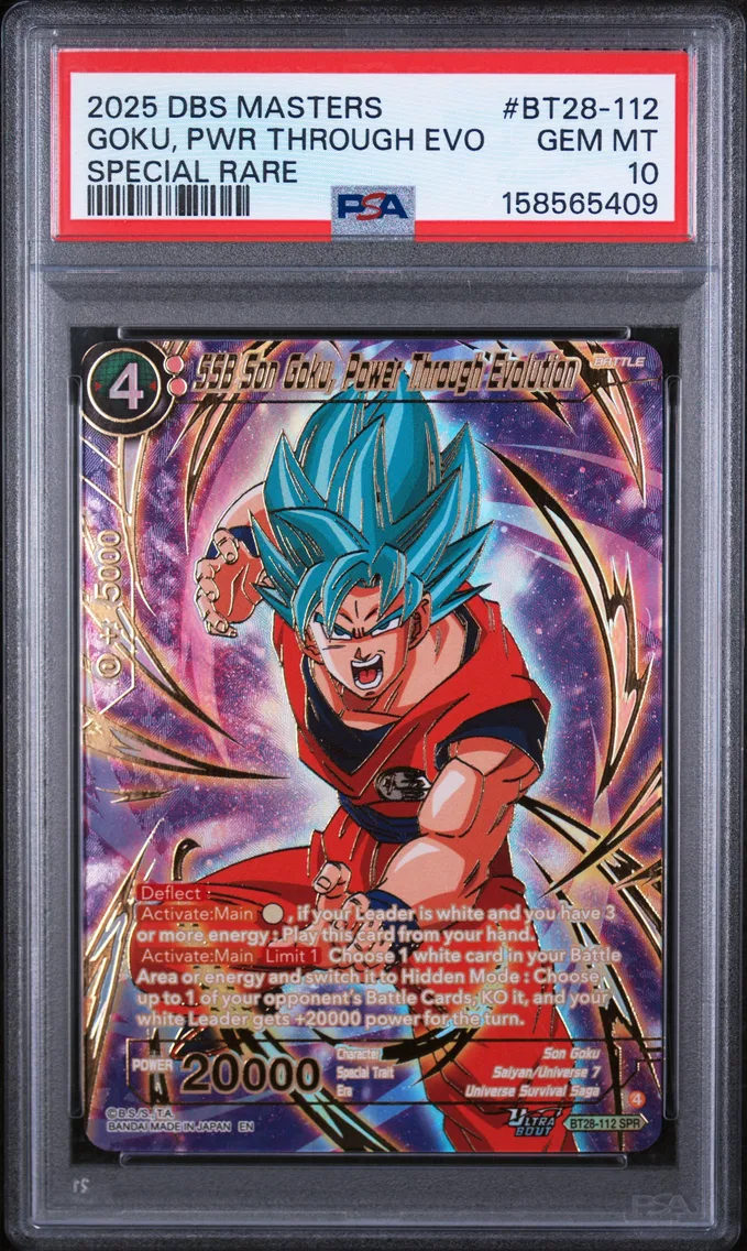 2025 #BT28-112 SSB Son Goku, Power Through Evolution PSA 10 Dragon Ball Super Card Game Masters Series 28 Prismatic Clash