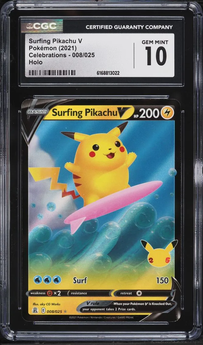 2021 Pokemon Sword & Shield Celebrations Holo Surfing Pikachu V #8 CGC 10 GEM MINT