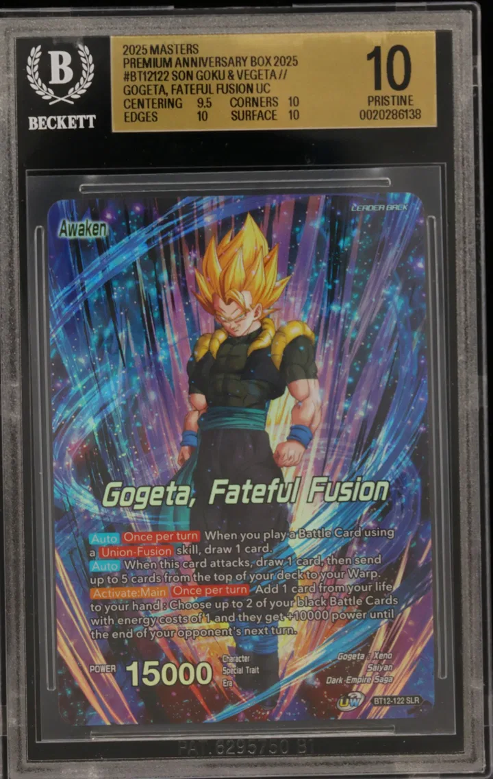 2025 #BT12122 Son Goku & Vegeta // Gogeta, Fateful Fusion SLR BGS 10 Dragon Ball Super Card Game Masters Premium Anniversary Box 2025