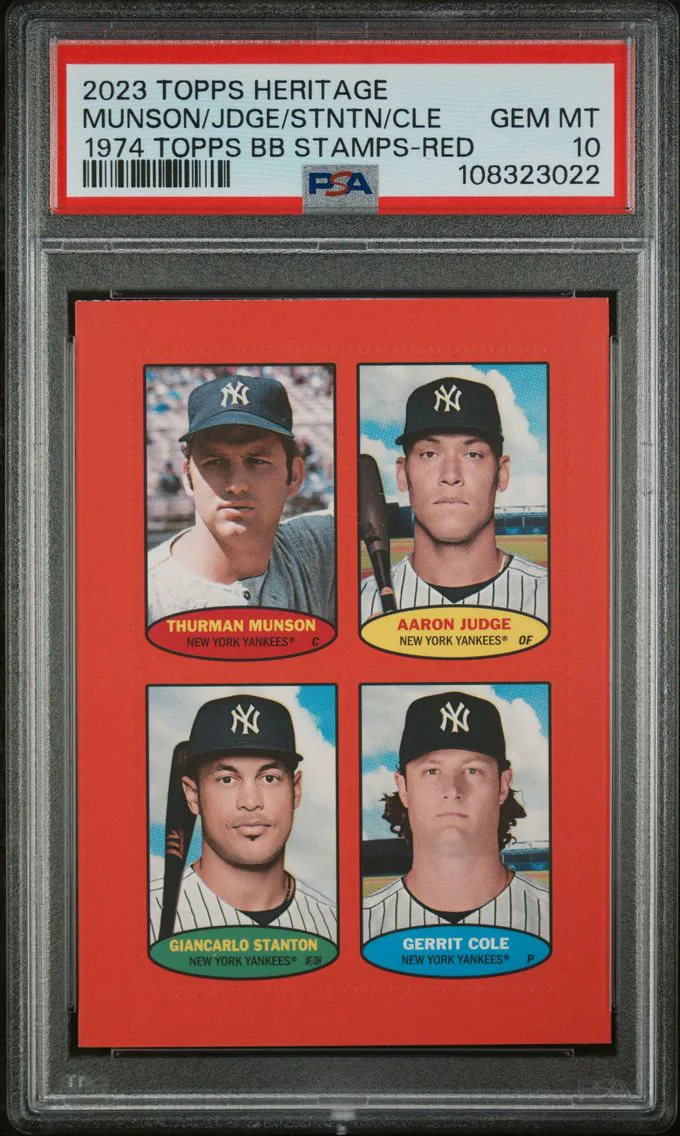 2023 #NA Aaron Judge/Gerrit Cole/Giancarlo Stanton/Thurman Munson PSA 10 Topps Heritage 1974 Topps Baseball Stamps