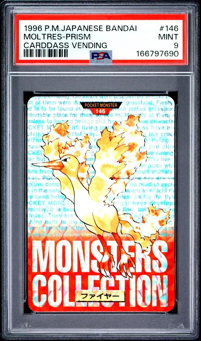 1996 Pokemon Japanese Bandai Carddass Vending Moltres-Prism Japanese Bandai Carddass Vending #146 PSA 9