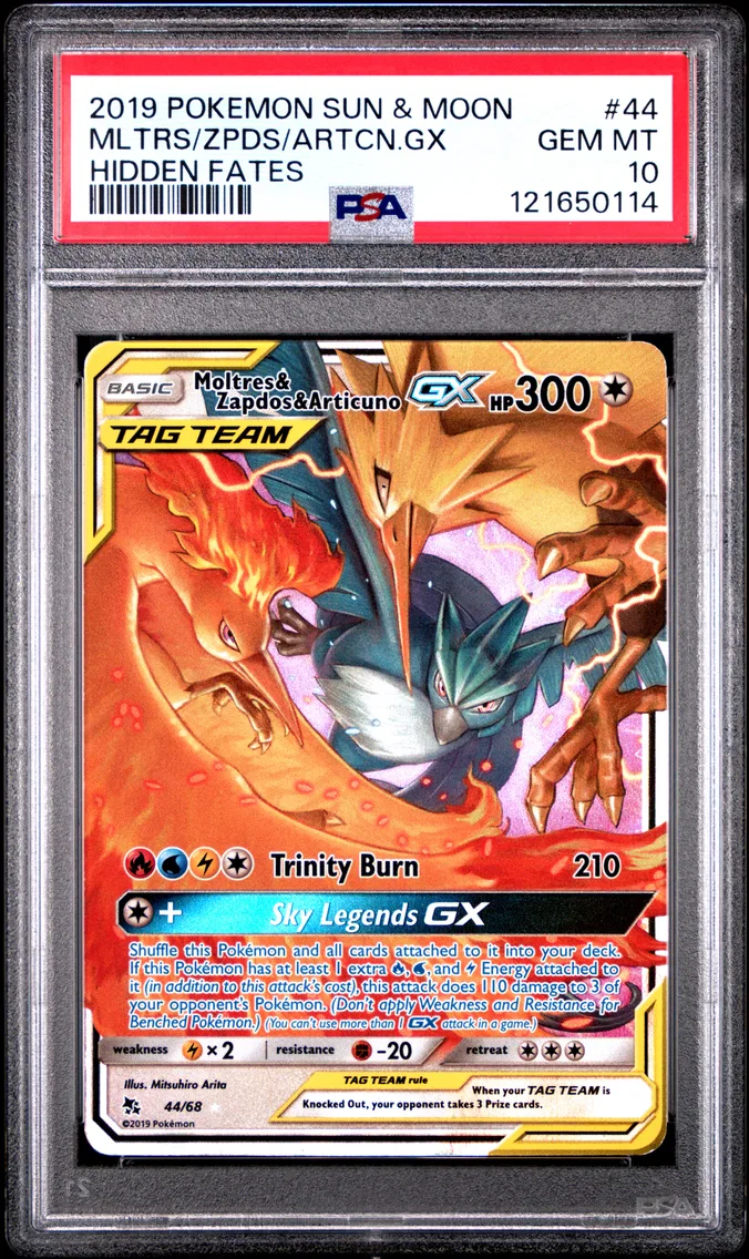 2019 Pokemon Sun & Moon Hidden Fates Moltres & Zapdos & Articuno GX Sun & Moon Hidden Fates #44 PSA 10