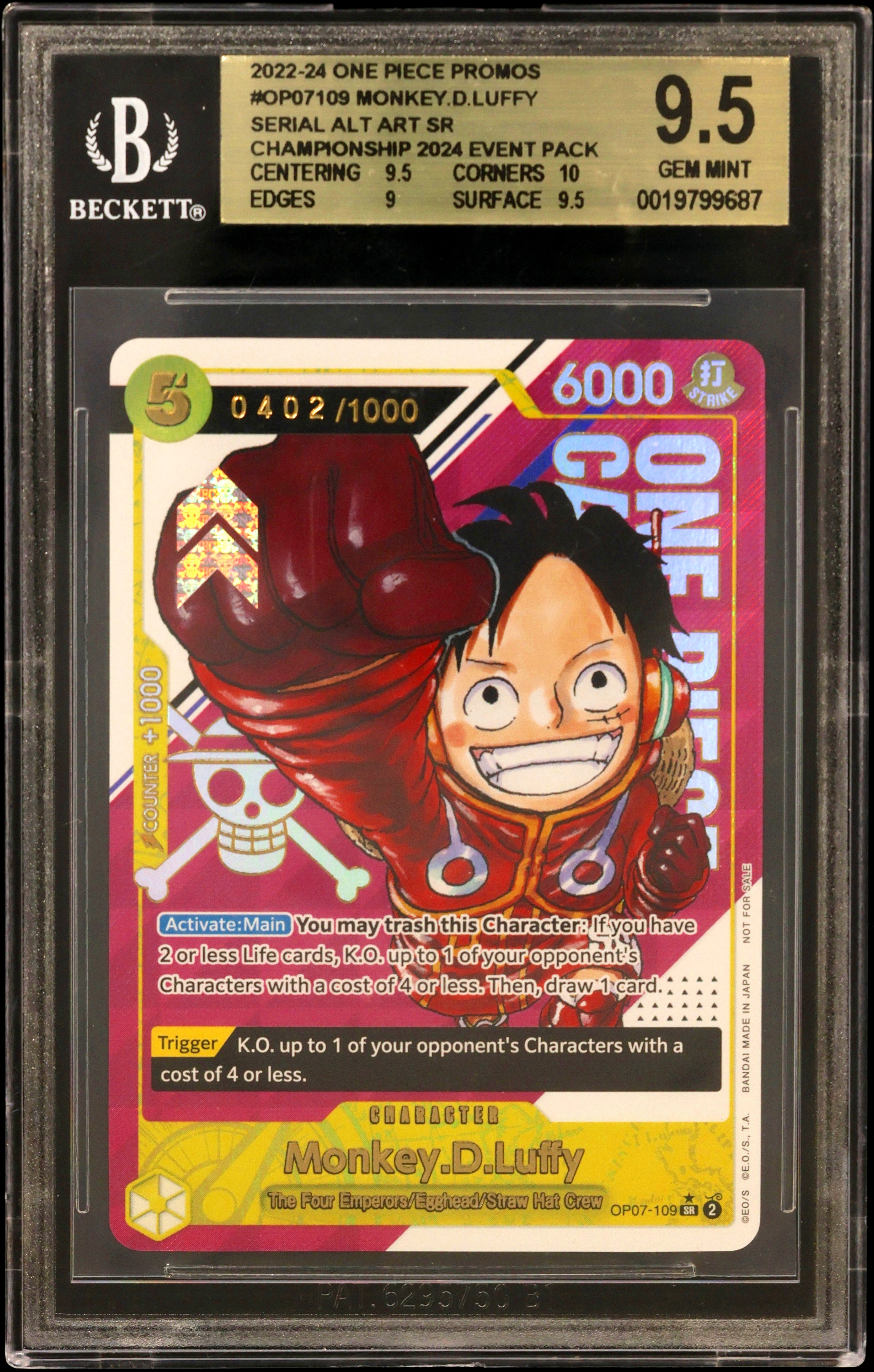 2022 #OP07109 Monkey.D.Luffy SERIAL ALT ART SR/(Championship 2024 Event Pack) BGS 9.5 One Piece Card Game Promos