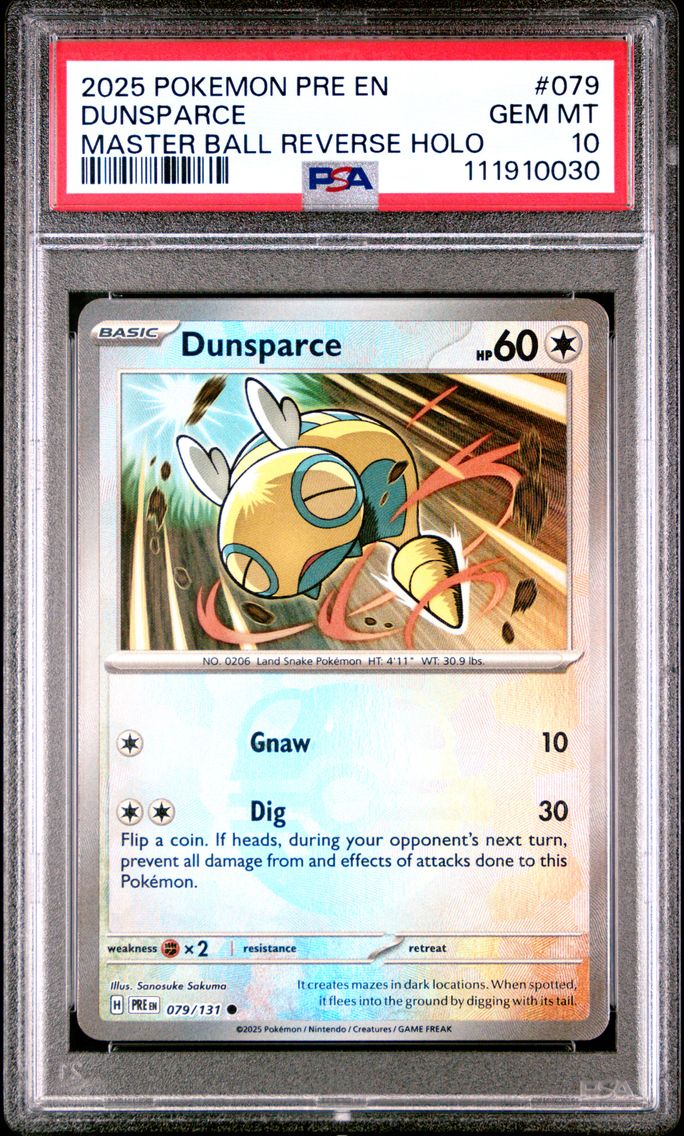 2025 #079 Dunsparce Master Ball Reverse Holo PSA 10 Pre EN-Prismatic Evolutions Pokemon
