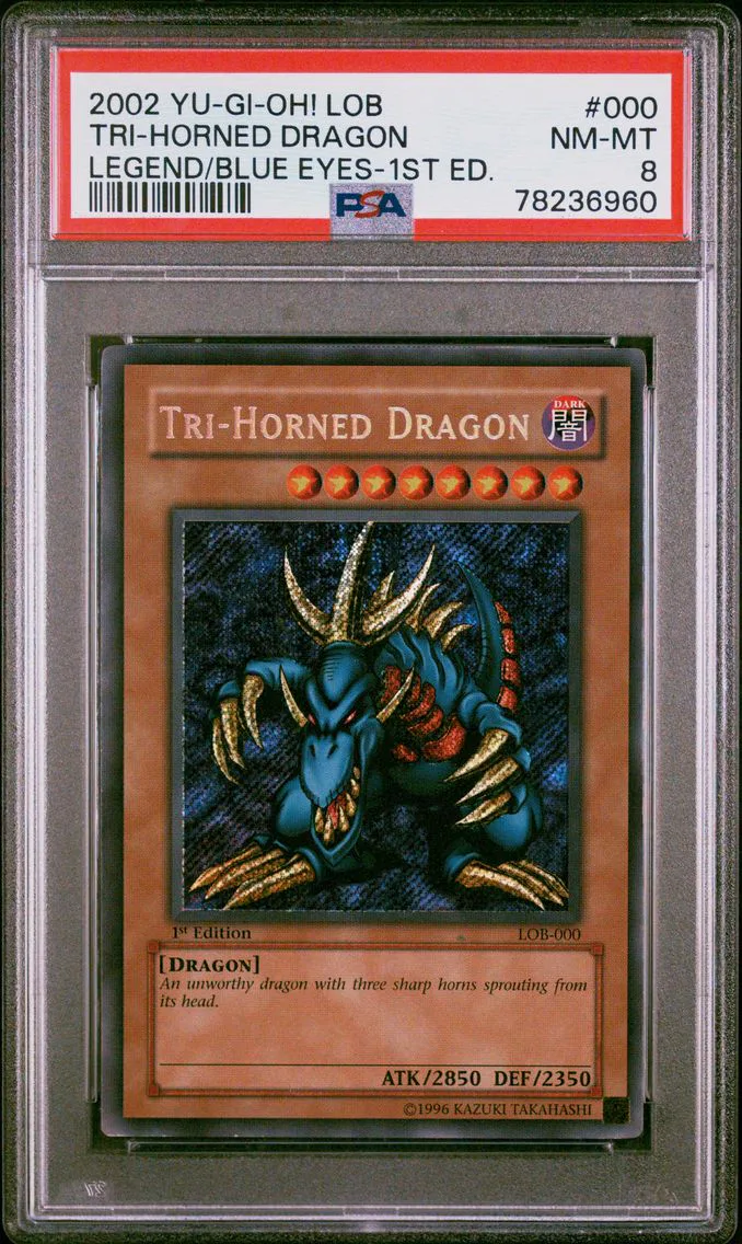 2002 #000 Tri-Horned Dragon 1st Edition PSA 8 YU-GI-Oh! Lob-Legend of Blue Eyes White Dragon