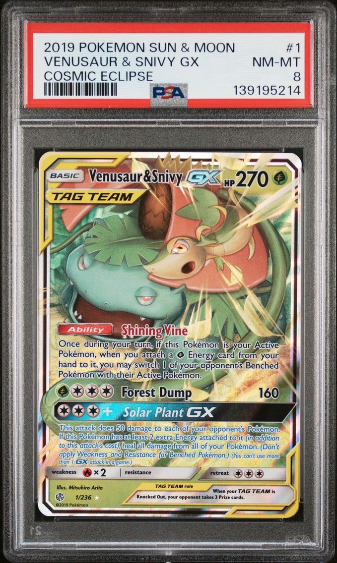 2019 #1 VENUSAUR & SNIVY GX PSA 8 POKEMON SUN & MOON COSMIC ECLIPSE