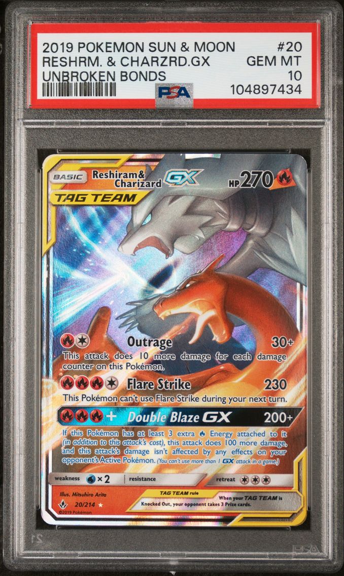 2019 #20 Reshiram & Charizard GX PSA 10 Sun & Moon Unbroken Bonds