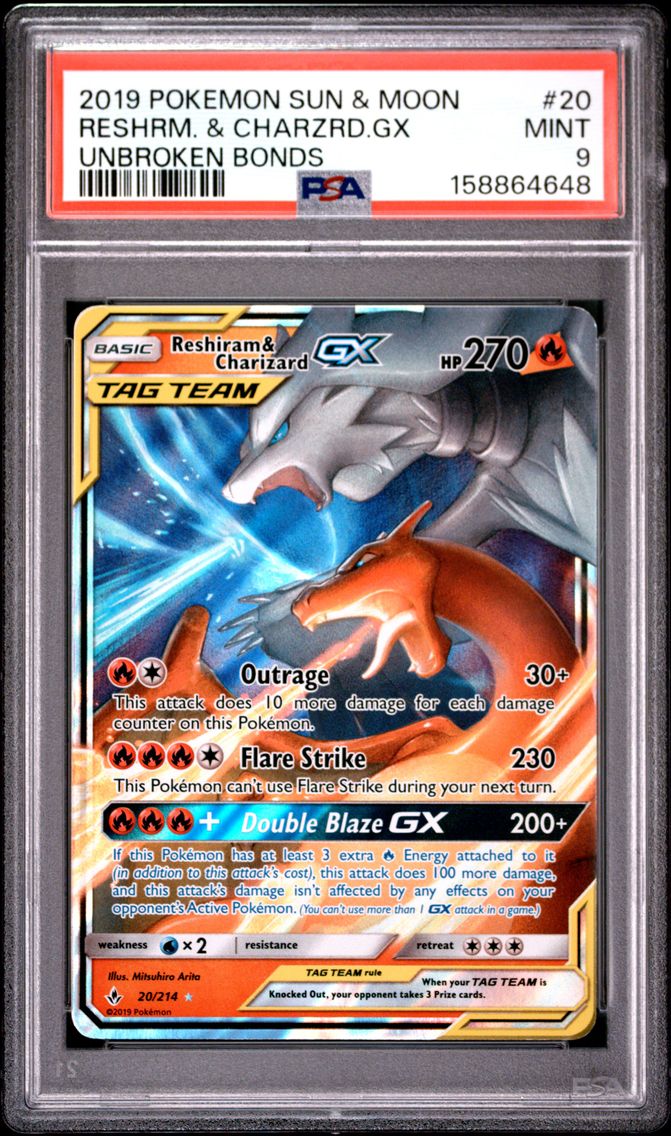 2019 #20 Reshiram & Charizard GX PSA 9 Sun & Moon Unbroken Bonds