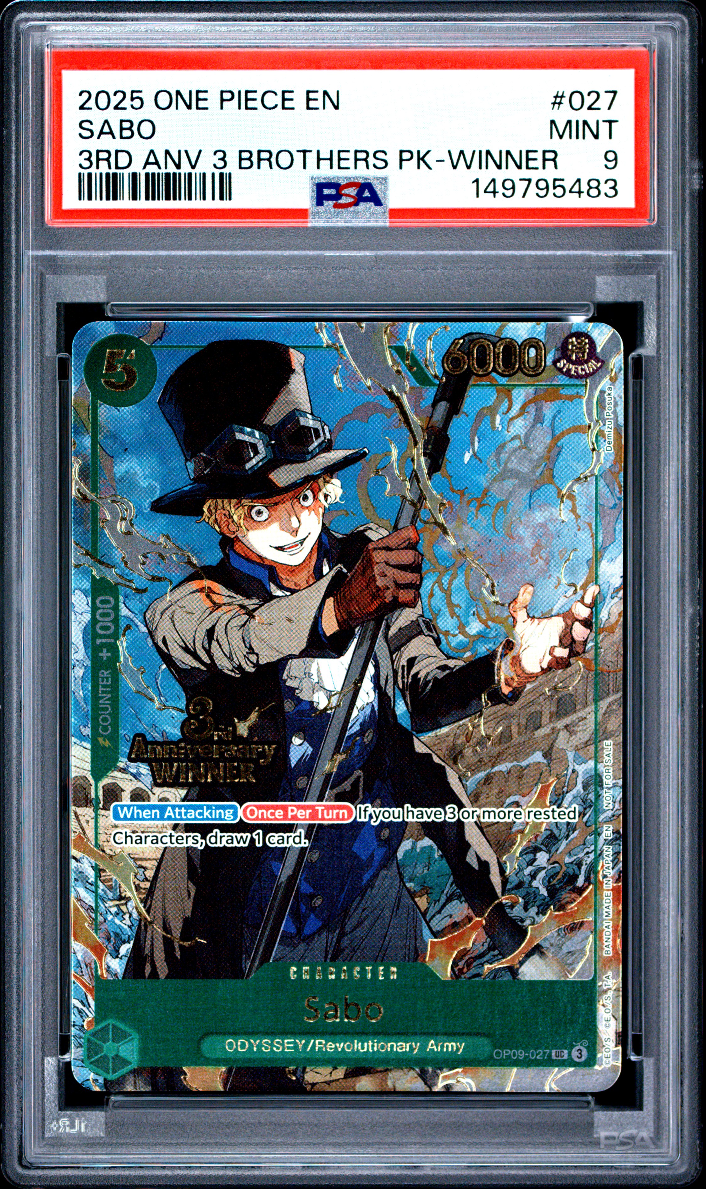 2025 #027 Sabo PSA 9 One Piece 3rd Anniversary Tournament 3 Brothers Pack