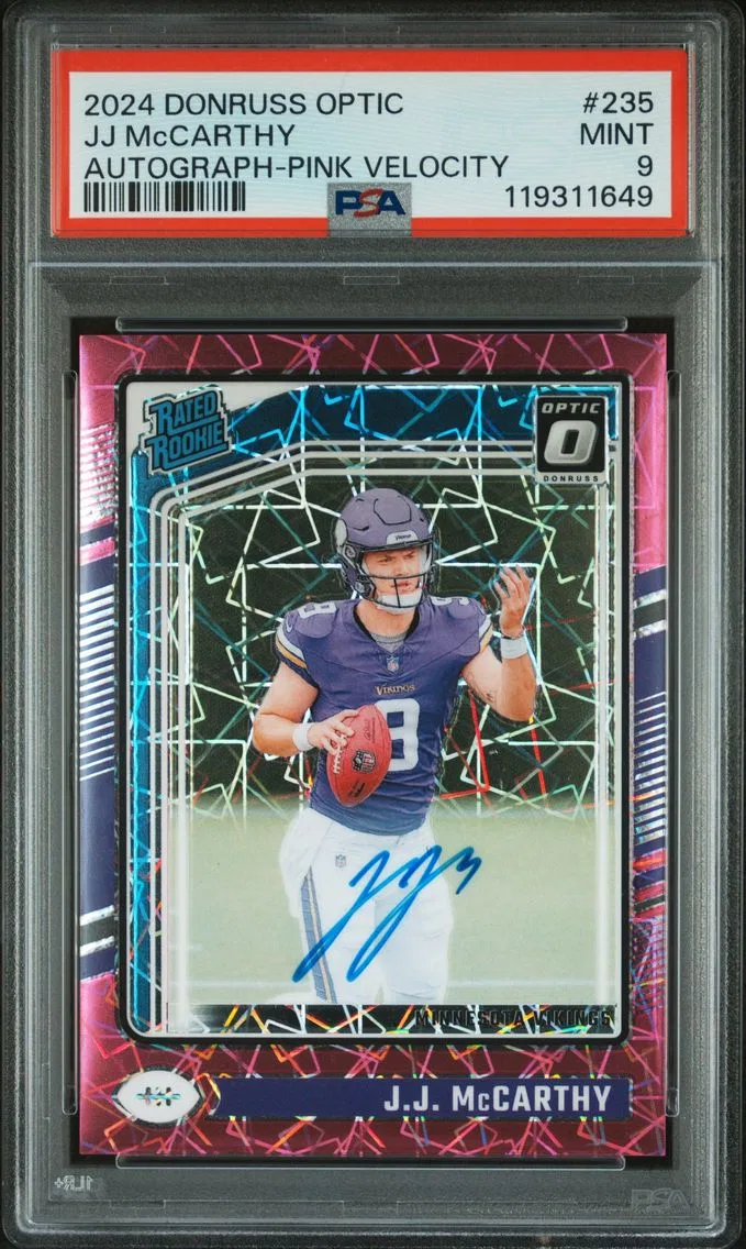 2024 #235 JJ McCarthy PSA 9 Autograph-Pink Velocity Panini Donruss Optic Football