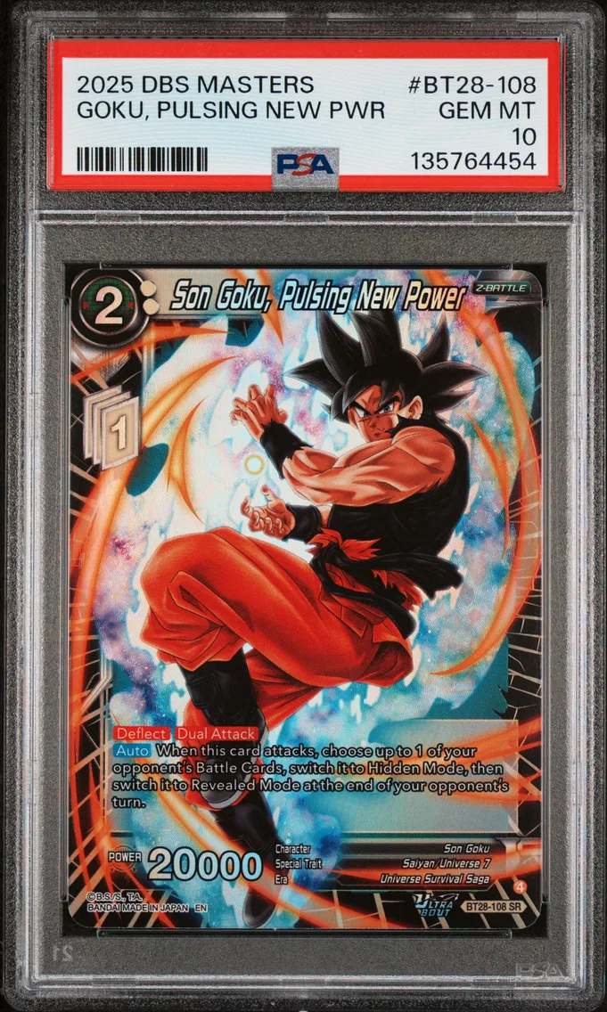 2025 #BT28-108 Son Goku, Pulsing New Power PSA 10 Dragon Ball Super Card Game Masters Series 28 Prismatic Clash