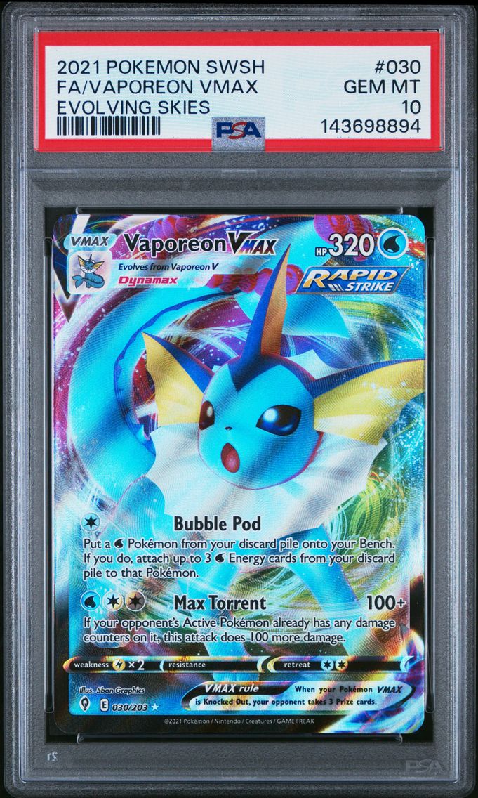 2021 #030 Full Art/Vaporeon Vmax PSA 10 Sword & Shield Evolving Skies Pokemon