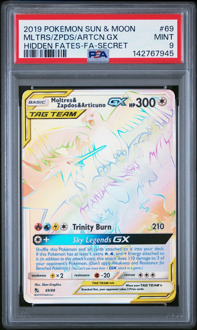 2019 #69 Full Art/Moltres & Zapdos & Articuno GX PSA 9 Sun & Moon Hidden Fates Pokemon