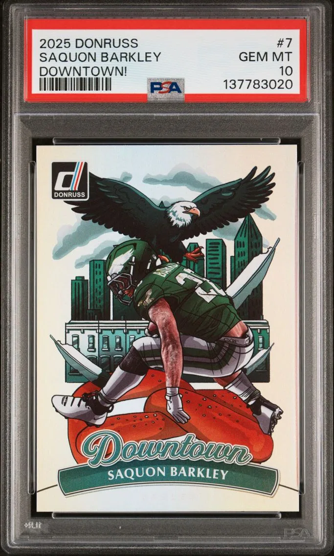 2025 #7 Saquon Barkley PSA 10 Panini Donruss Downtown! Football