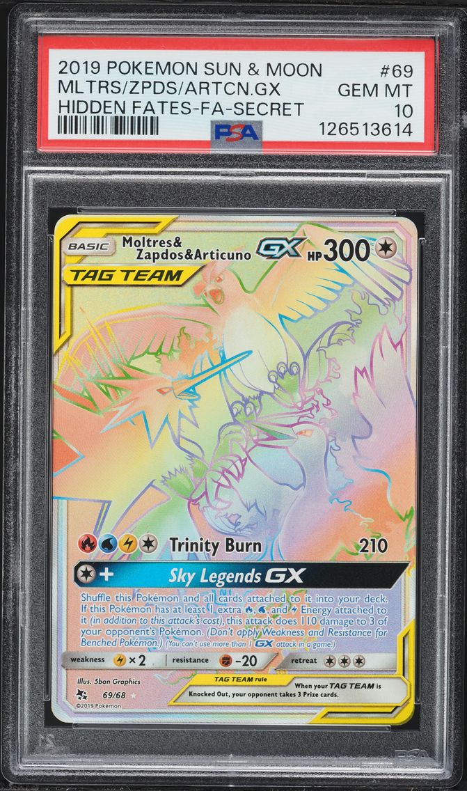 2019 #69 Full Art/Moltres & Zapdos & Articuno GX PSA 10 Sun & Moon Hidden Fates Pokemon
