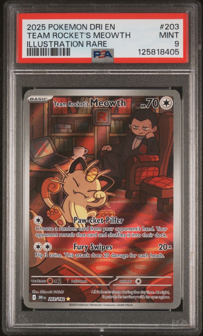 2025 #203 Team Rocket's Meowth PSA 9 Dri EN-Destined Rivals Pokemon