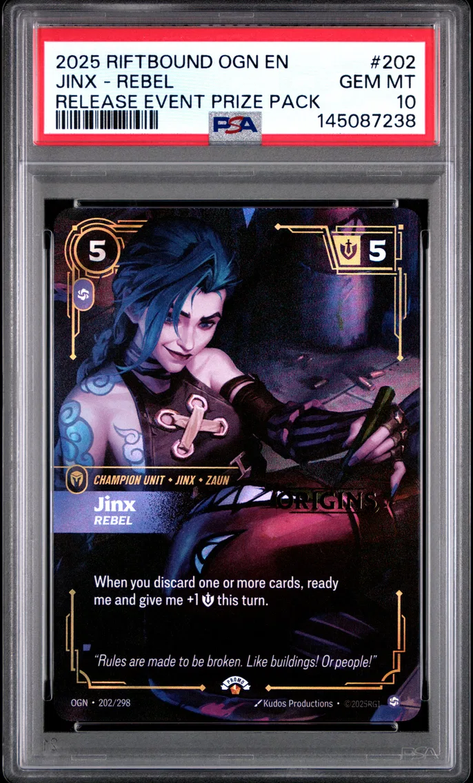 2025 #202 Jinx - Rebel PSA 10 Riftbound: League of Legends Ogn-Origins
