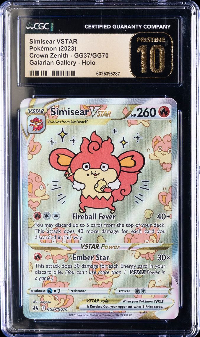 2023 #GG37 Full Art/Simisear Vstar CGC 10 Pristine Sword and Shield Crown Zenith Pokemon