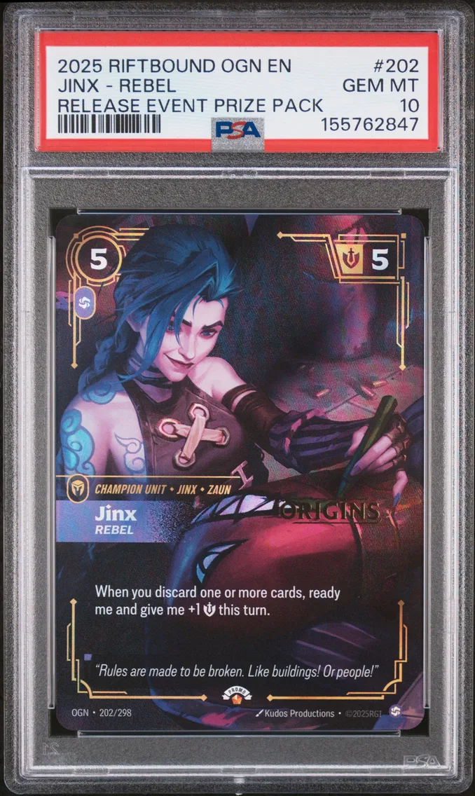 2025 #202 Jinx - Rebel PSA 10 Riftbound: League of Legends Ogn-Origins