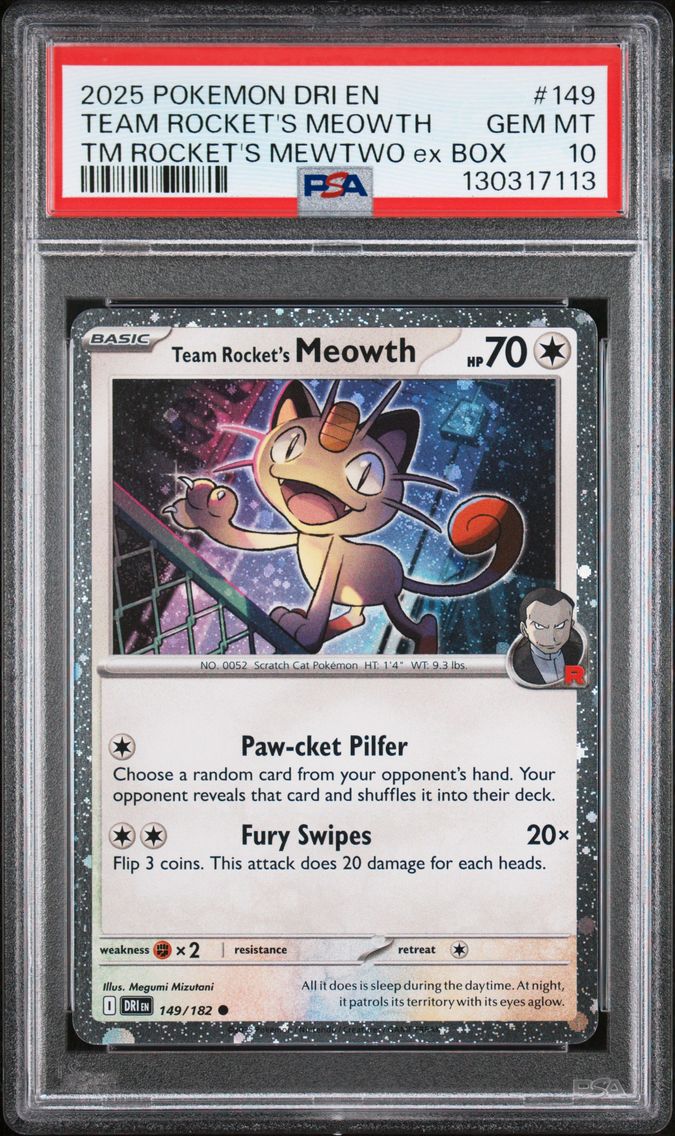 2025 #149 Team Rocket's Meowth PSA 10 Dri EN-Destined Rivals Pokemon